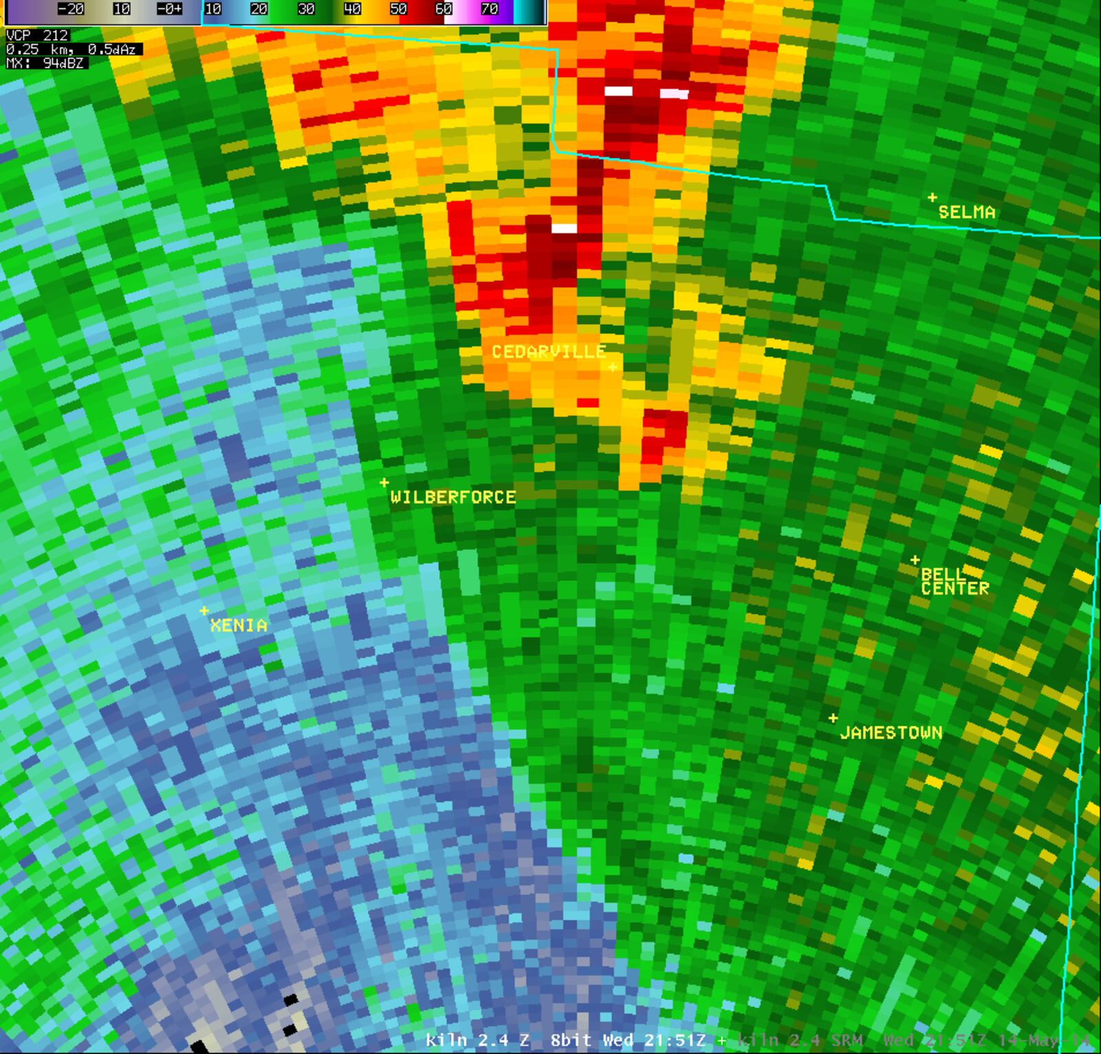 NWS radar imagery of Cedarville EF3 tornado, May 14, 2014.