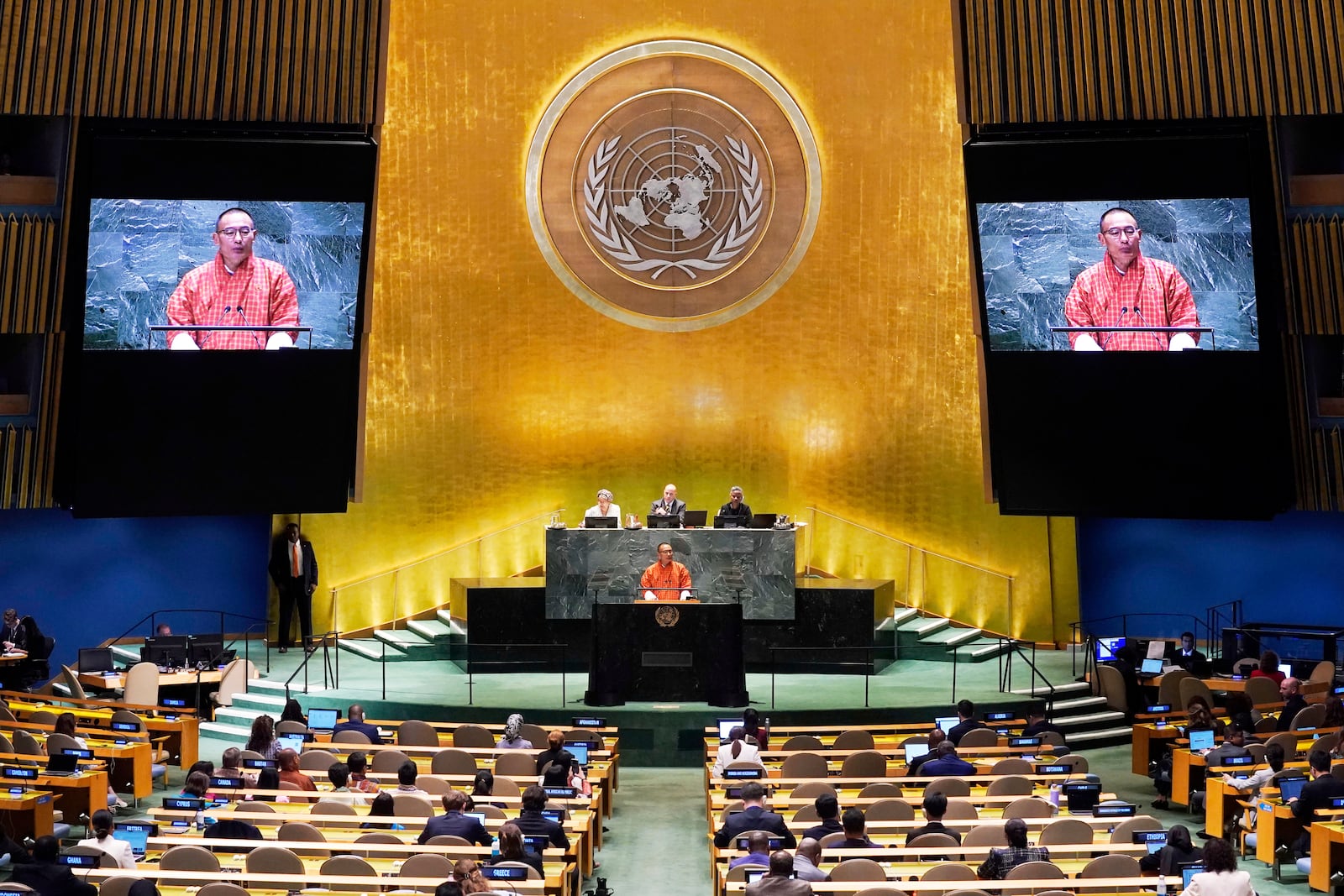 FILE - Bhutan Prime Minister Tshering Tobgay addresses the 79th session of the United Nations General Assembly, Sept. 27, 2024. (AP Photo/Richard Drew, File)
