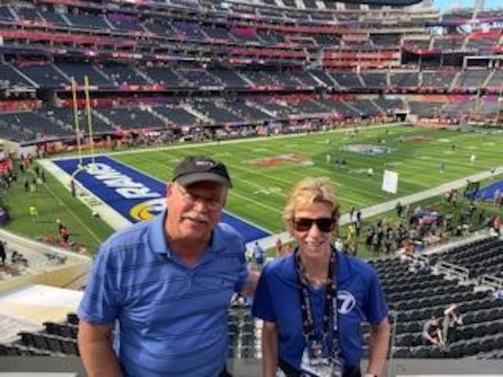 Cheryl McHenry with WHIO-TV videographer Chuck Hamlin at the 2022 Super Bowl in Los Angeles. CONTRIBUTED