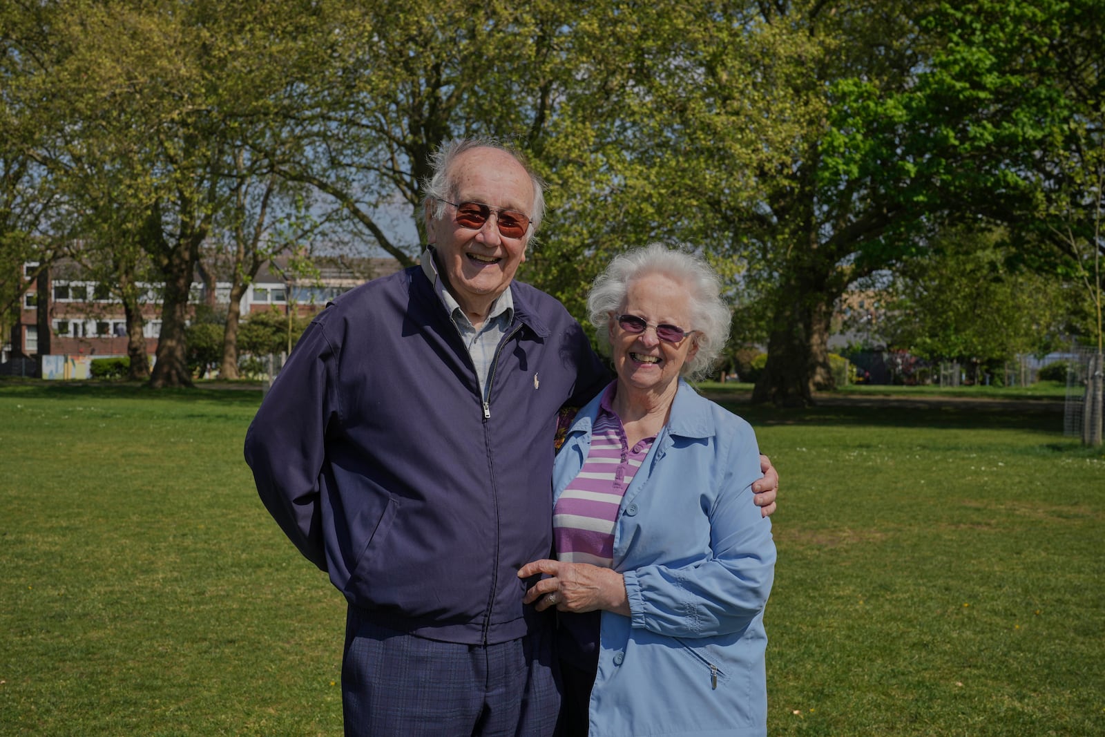 John Goldsmith, 94, poses with his wife Margaret in London, Thursday, April 24, 2025. (AP Photo/Kin Cheung)