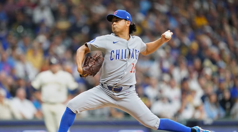 Chicago Cubs starting pitcher Shota Imanaga (18) delivers during the first inning of Game 2 of baseball's National League Division Series against the Milwaukee Brewers Monday, Oct. 6, 2025, in Milwaukee. (AP Photo/Kayla Wolf)