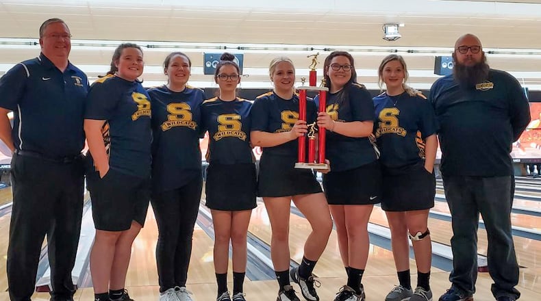 The Springfield High School girls bowling team poses with the trophy after winning the program’s first-ever Clark County Championship on Jan. 11 at Northridge Lanes. CONTRIBUTED PHOTO