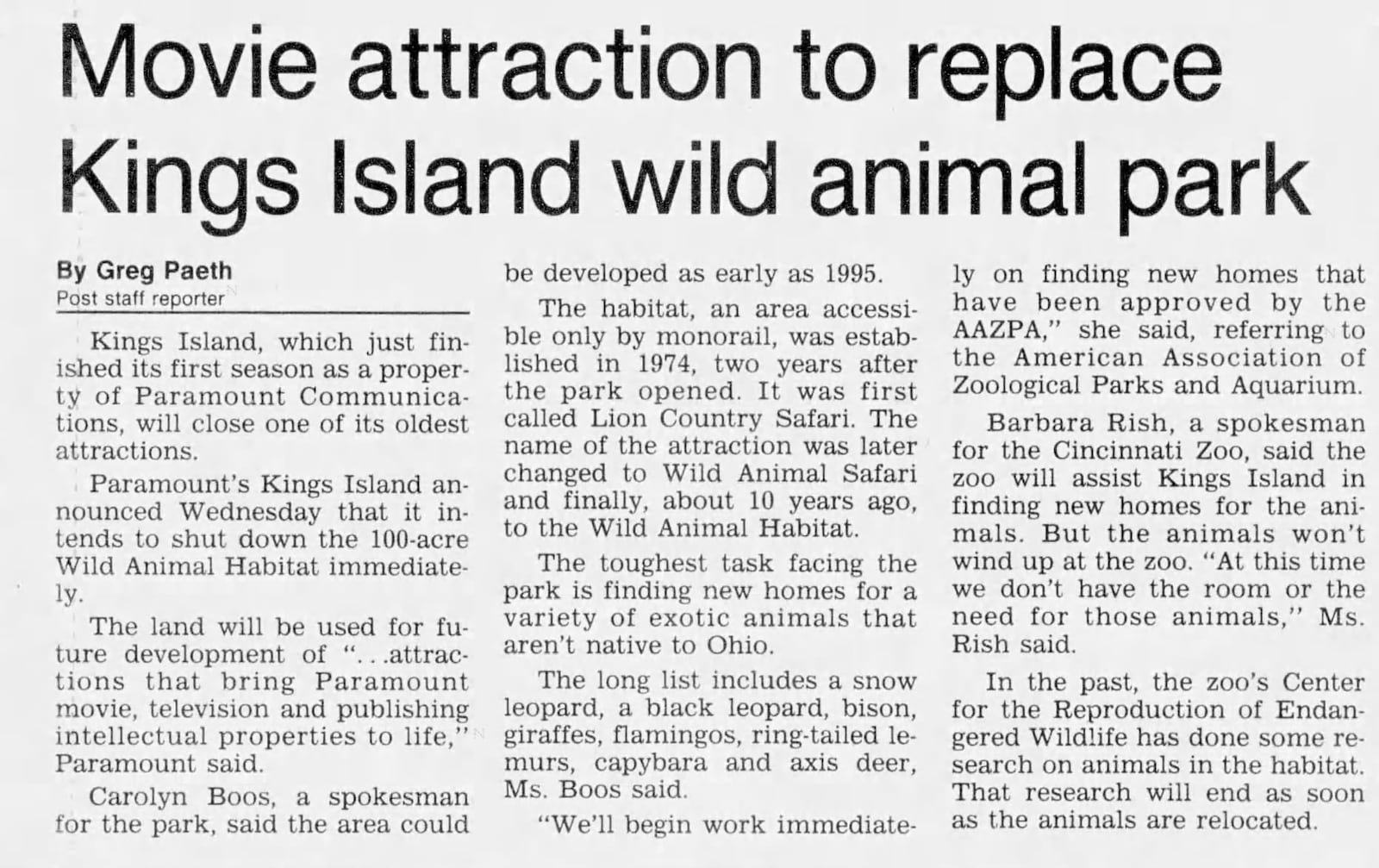 A Cincinnati Post article from November 1993 announcing the closure of the Wild Animal Habitat. Courtesy of newspapers.com