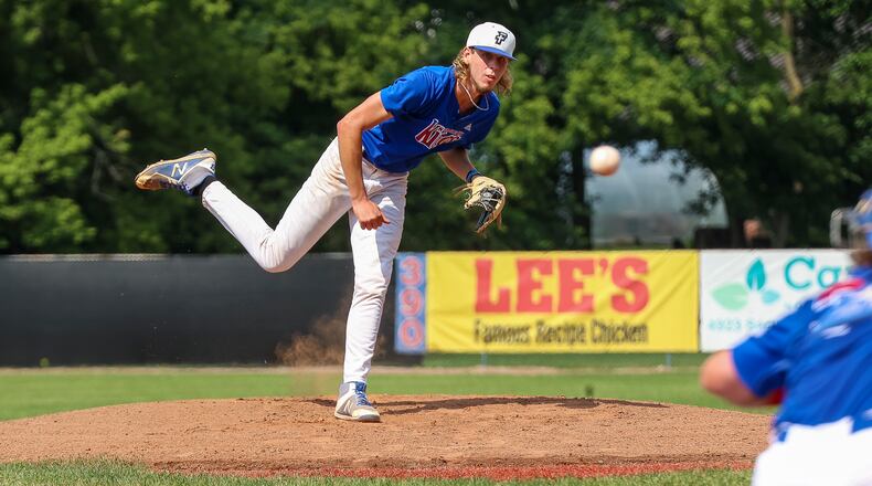 Champion City Kings pitcher Tyberius Correa throws a pitch during their game against the Chillicothe Paints on Sunday, July 25 at Carleton Davidson Stadium in Springfield. The Kings lost 12-11. CONTRIBUTED PHOTO BY MICHAEL COOPER