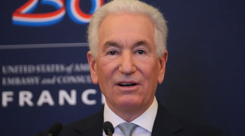 FILE - U.S. Ambassador to France Charles Kushner gives a news conference marking the 250th birthday of the U.S. in 2026, in Paris, Dec. 4, 2025. (AP Photo/Christophe Ena, File)