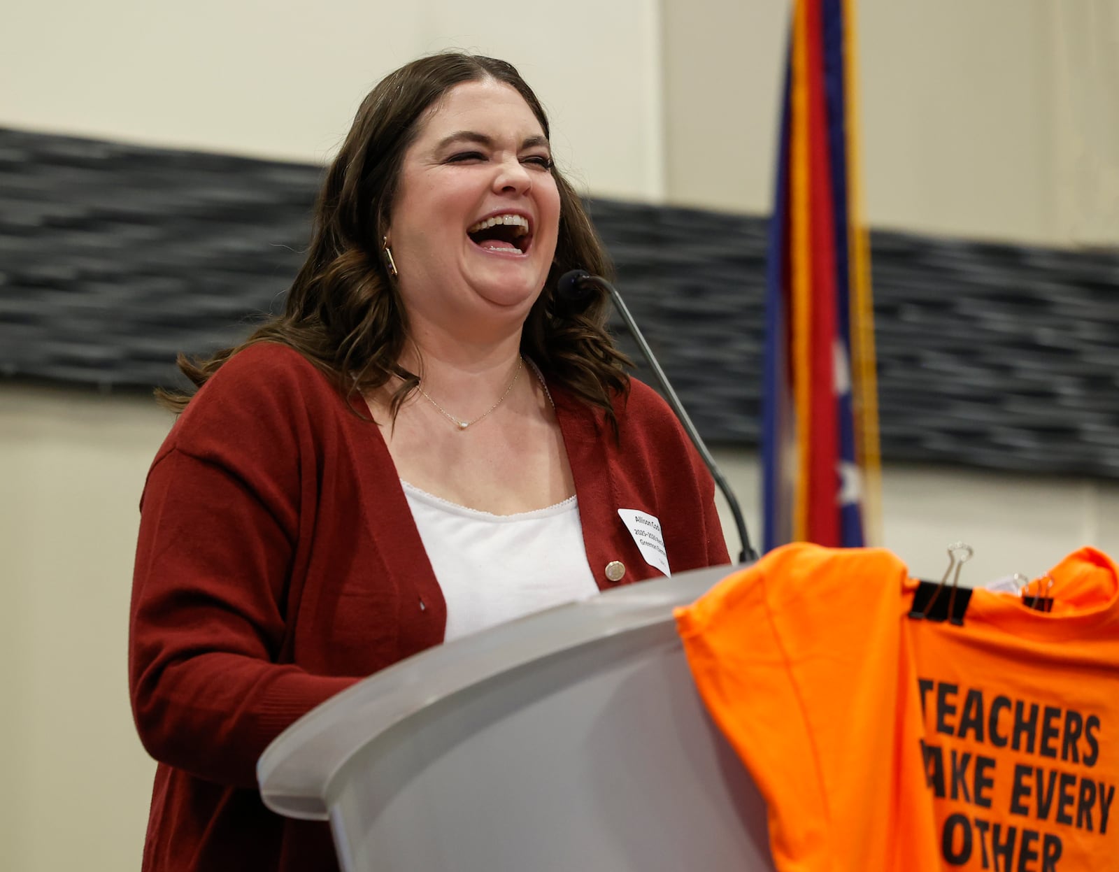 Allison Cody, fifth grade math teacher at Greenon Elementary, laughs as she talks about receiving an Excellence in Teaching award at a luncheon at the Hollenbeck Bayley Center on Monday, March 23, 2026, in Springfield. JOSEPH COOKE/STAFF