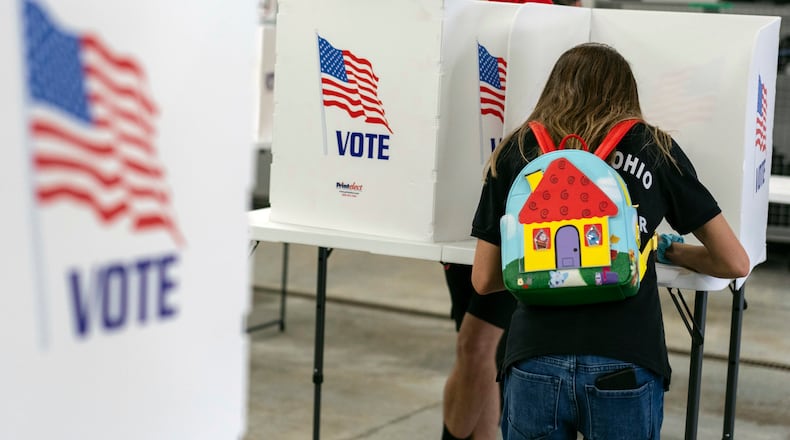 A voter fills out a ballot at the Pleasant Township Fire Department on Election Day, Tuesday, Nov. 5, 2024, in Catawba, Ohio. (AP Photo/Carolyn Kaster)
