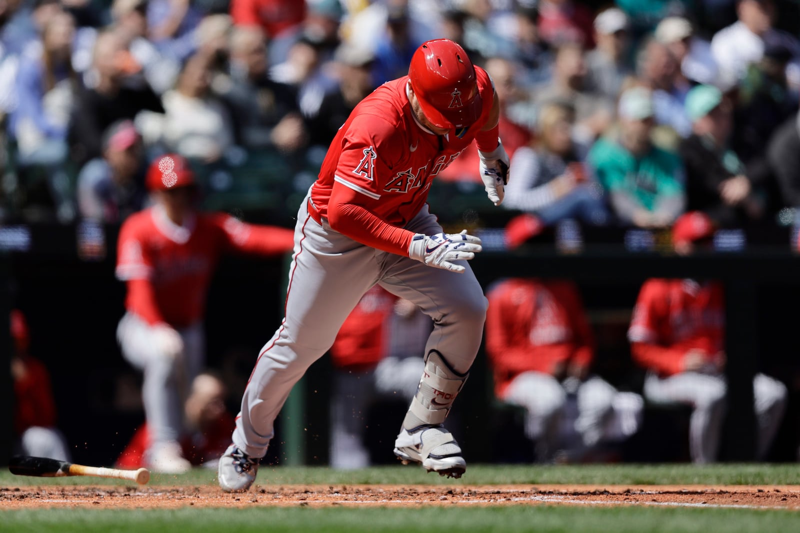 Los Angeles Angels' Mike Trout runs to first on a ground out against the Seattle Mariners during the third inning of a baseball game, Wednesday, April 30, 2025, in Seattle. (AP Photo/John Froschauer)