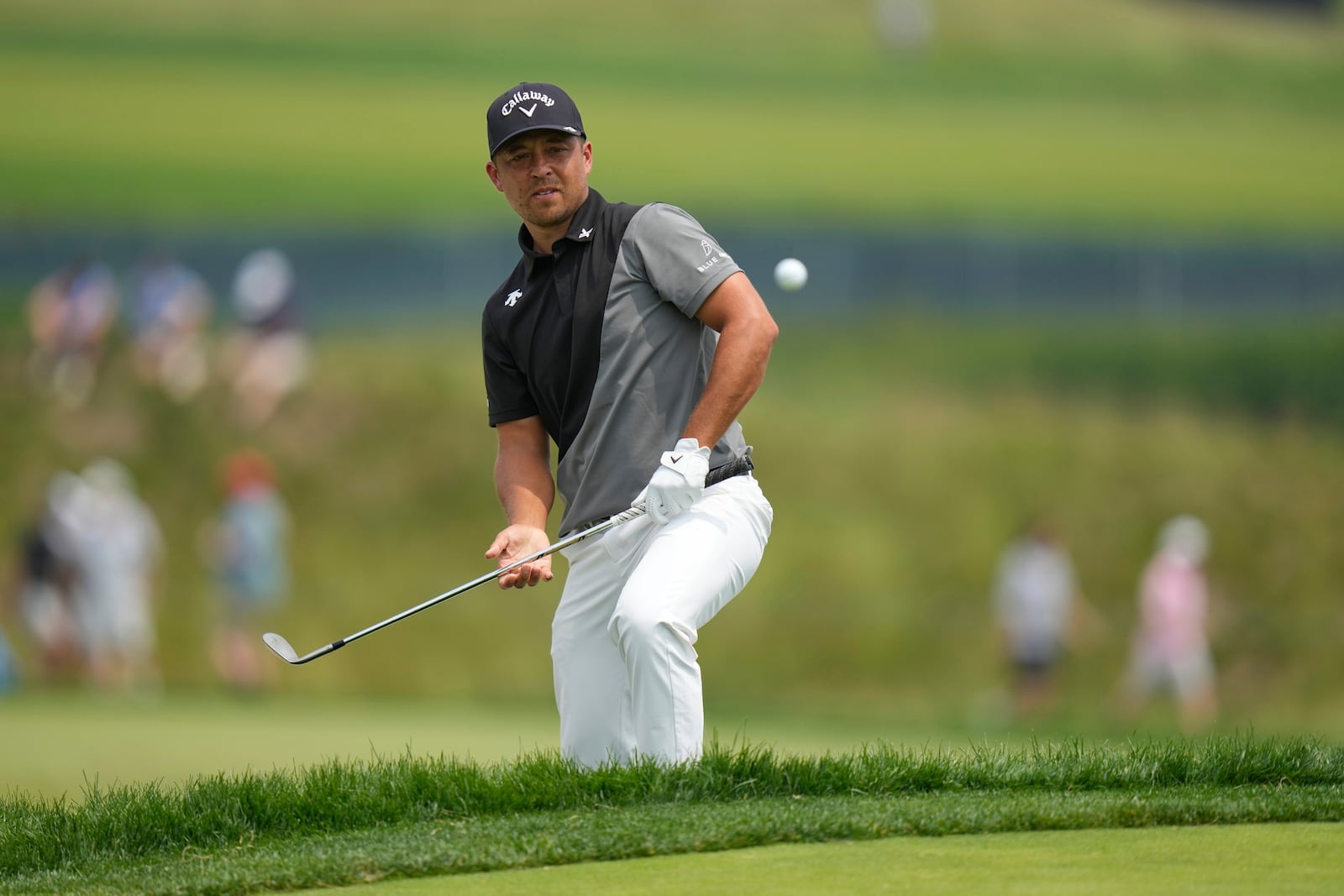 Xander Schauffele chips onto the 13th green during the second round of the U.S. Open golf tournament at Oakmont Country Club Friday, June 13, 2025, in Oakmont, Pa. (AP Photo/Seth Wenig)