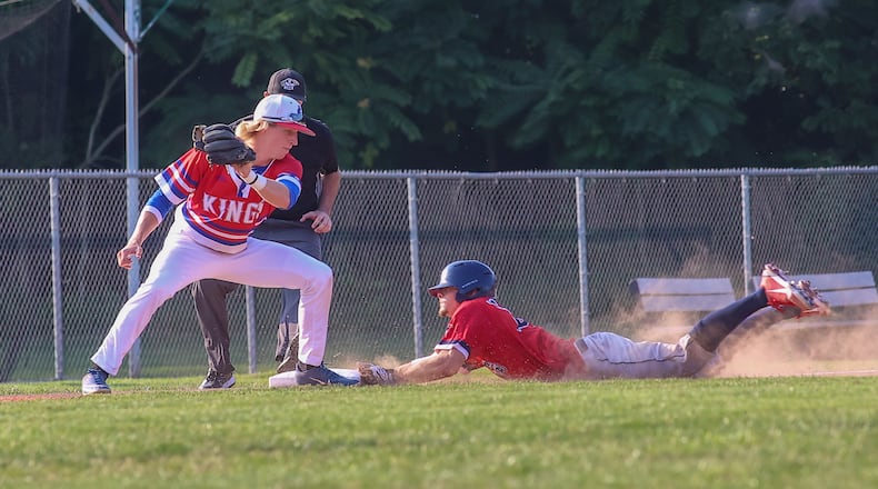 Shawnee grad and Champion City Kings third baseman Ben Ross motions to tag Jake Shier of the Chillicothe Paints during a recent game at Carleton Davidson Stadium in Springfield. The Kings lost to the host Lafayette Aviators 15-5 on Saturday night in the Prospect League Eastern Conference Championship game. Michael Cooper/CONTRIBUTED