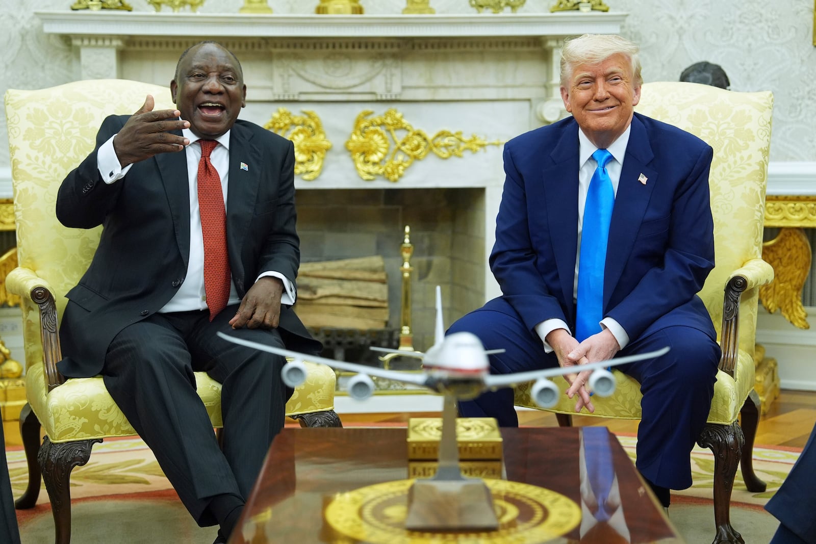 President Donald Trump meets South African President Cyril Ramaphosa in the Oval Office of the White House, Wednesday, May 21, 2025, in Washington. (AP Photo/Evan Vucci)