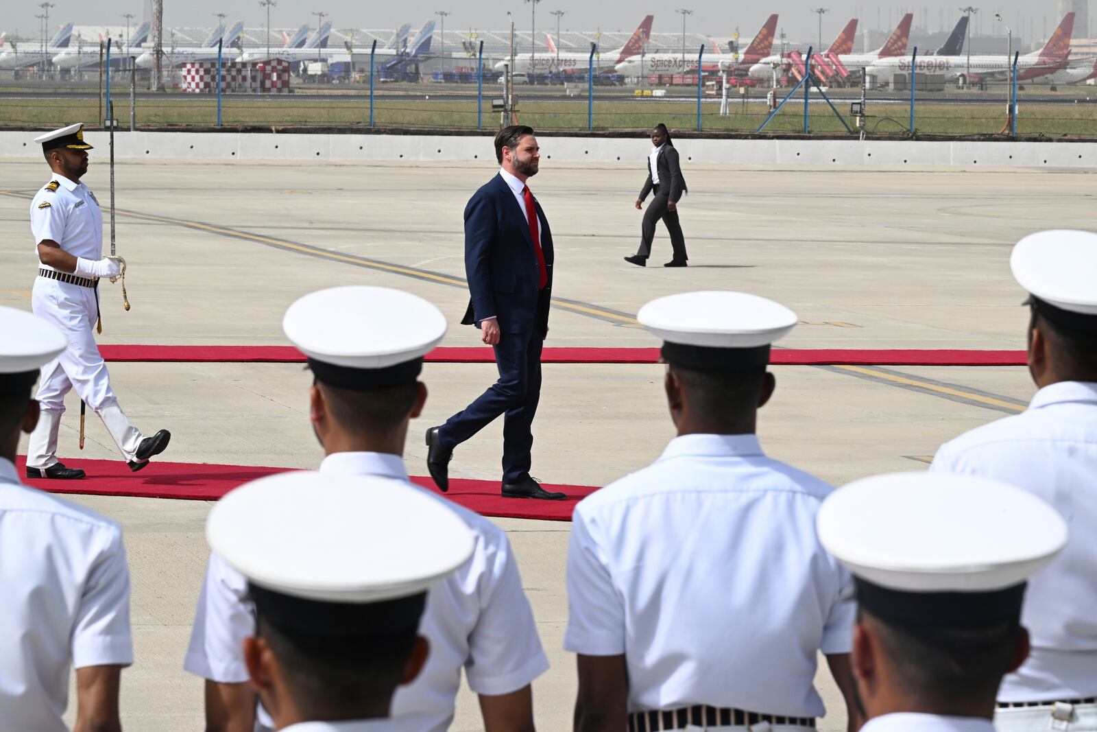 U.S. Vice President JD Vance, center, arrives in New Delhi, India Monday, April 21, 2025. (Kenny Holston/The New York Times via AP, Pool)