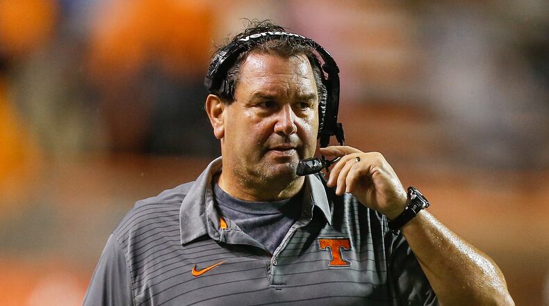 KNOXVILLE, TN - NOVEMBER 18:  Interim head coach Brady Hoke of the Tennessee Volunteers looks on against the LSU Tigers during the first half at Neyland Stadium on November 18, 2017 in Knoxville, Tennessee.  (Photo by Michael Reaves/Getty Images)