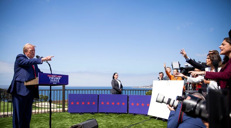 Former President Donald Trump, the Republican presidential nominee, speaks to reporters at Trump National Golf Club Los Angeles in Rancho Palos Verdes, Calif., on Friday, Sept. 13, 2024. (Jenna Schoenefeld/The New York Times)