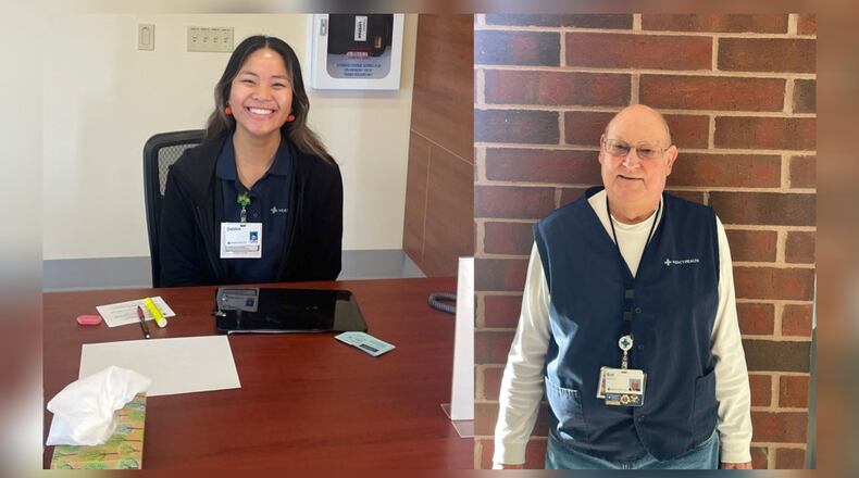 Gabbie Ramos, a surgery waiting room volunteer since 2022, and Bob Stough, a dedicated volunteer since 2001, at Mercy Health.
