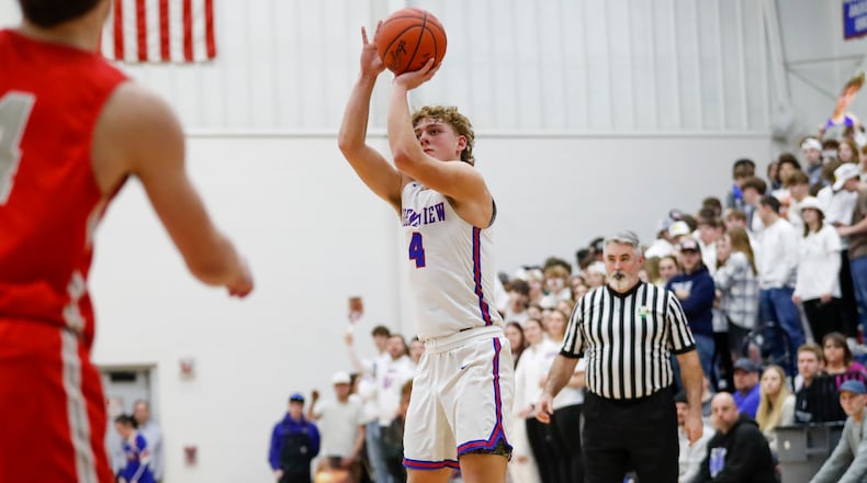 Greeneview High School senior Carter Williams shoots a 3-pointer during their game against Southeastern on Friday, Feb. 3 in Jamestown. The Rams won 76-56, clinching a share of the OHC South title. Michael Cooper/CONTRIBUTED