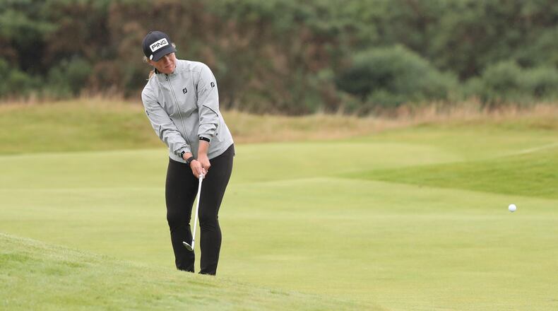 United States' Marissa Steen chips onto the 14th green during the third round of the Women's British Open golf championship, in Carnoustie, Scotland, Saturday, Aug. 21, 2021. (AP Photo/Scott Heppell)