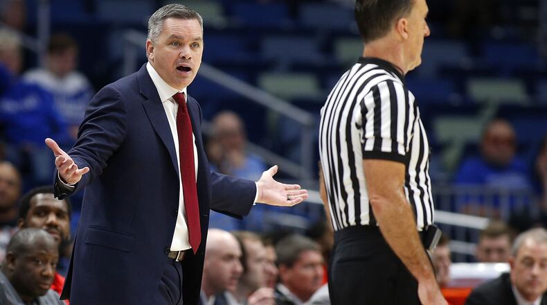 NEW ORLEANS, LA - DECEMBER 23: Head coach Chris Holtmann of the Ohio State Buckeyes reacts during the first half of the CBS Sports Classic against the North Carolina Tar Heels at the Smoothie King Center on December 23, 2017 in New Orleans, Louisiana. (Photo by Jonathan Bachman/Getty Images)