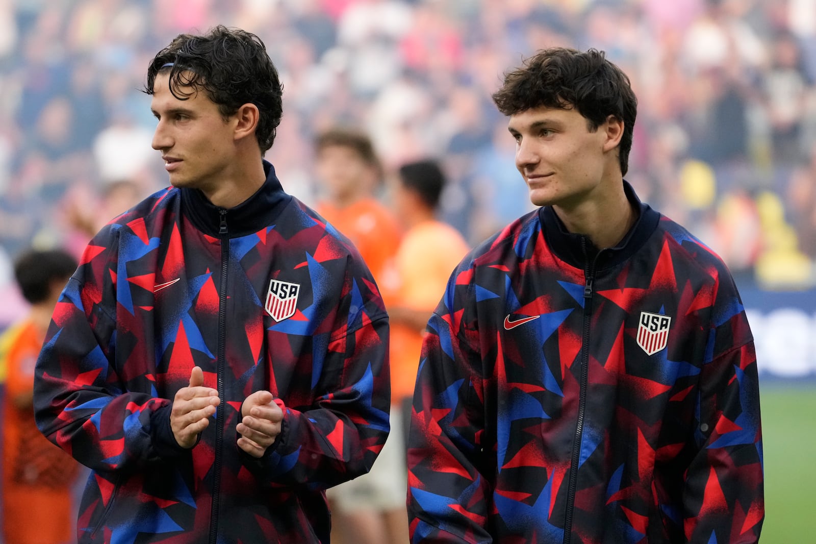 United States midfielder Brenden Aaronson, left, stands with his brother forward Paxten Aaronson before an international friendly soccer match against Switzerland, Tuesday, June 10, 2025, in Nashville, Tenn. (AP Photo/George Walker IV)