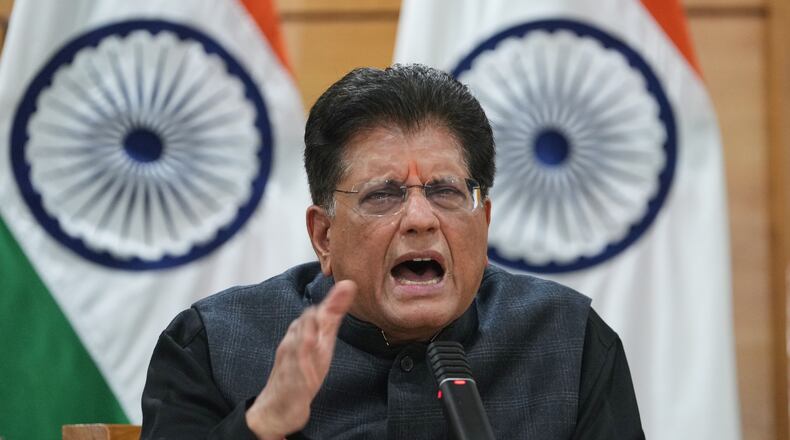 Indian Minister of Commerce and Industry Piyush Goyal makes a press statement on the completion of India-US tariff in New Delhi, India, Tuesday, Feb. 3, 2026. (AP Photo/Manish Swarup)