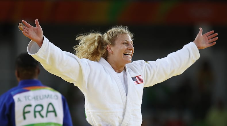 RIO DE JANEIRO, BRAZIL - AUGUST 11: Kayla Harrison of the United States celebrates after defeating Audrey Tcheumeo of France during the women’s -78kg gold medal judo contest on Day 6 of the 2016 Rio Olympics at Carioca Arena 2 on August 11, 2016 in Rio de Janeiro, Brazil. (Photo by Julian Finney/Getty Images)