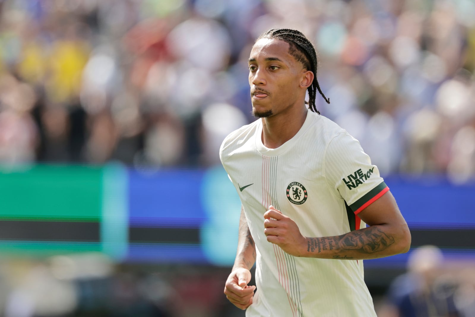 Chelsea's Joao Pedro leaves the field after the first half during the Club World Cup semifinal soccer match between Fluminense and Chelsea in East Rutherford, N.J., Tuesday, July 8, 2025. (AP Photo/Adam Hunger)