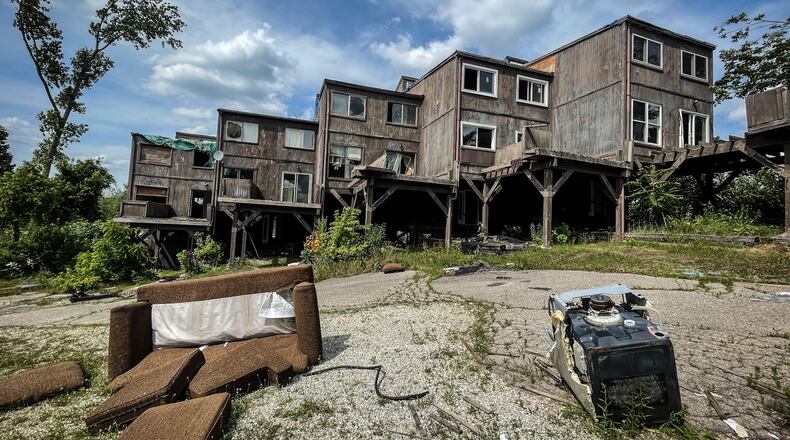 The apartment building on Lofty Oaks Lane in Harrison Twp. was damaged abandon two years age after the 2019 Memorial Day tornados. JIM NOELKER/STAFF