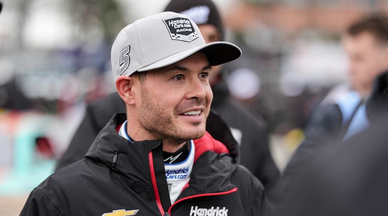 FILE - Kyle Larson looks on prior to NASCAR's The Clash preseason auto race at Bowman Gray Stadium, Wednesday, Feb. 4, 2026, in Winston-Salem, N.C. (AP Photo/Matt Kelley, File)
