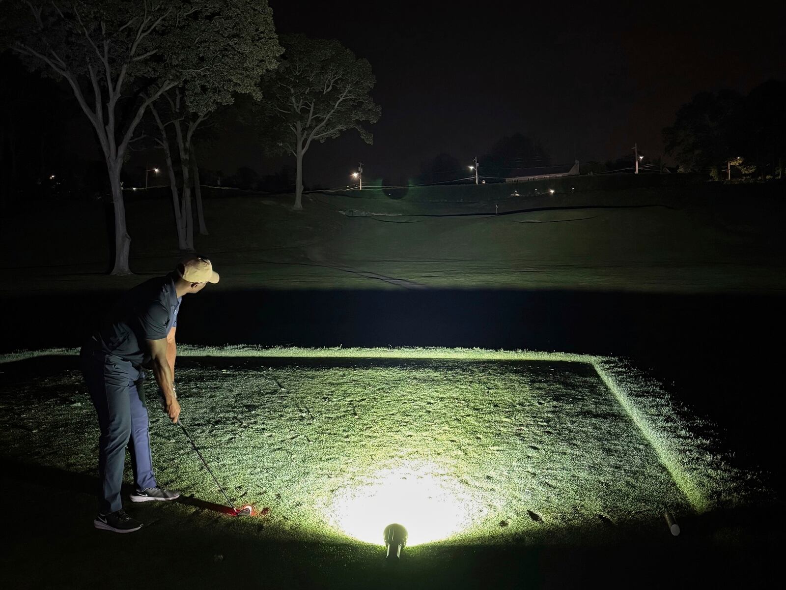 Kelechi Ezihie plays golf at the Huntington Crescent Club in Huntington, N.Y., where he played for 35 straight hours, between Sunday, June 8, 2025 to Tuesday, June 10, 2025, and is seeking validation of the Guinness World Record. (Mac McCoy via AP)