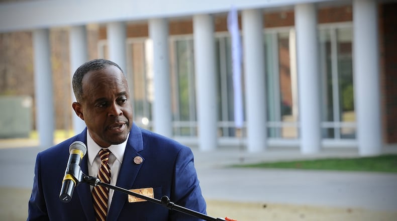 Central State University President Jack Thomas welcomes guess to the honors residence hall ribbon cutting ceremony Friday, November 4, 2022. MARSHALL GORBY \STAFF