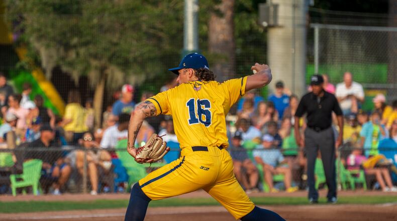 Champion City Kings pitcher and Northwestern grad Gage Voorhees pitches against the Chillicothe Paints last season at Carleton Davidson Stadium in Springfield. Contributed photo