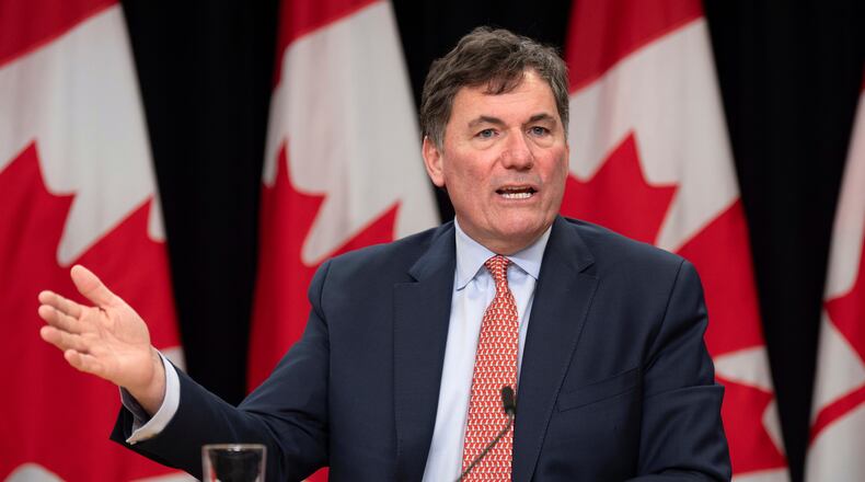 FILE - Finance Minister Dominic LeBlanc gestures during a news conference on tariffs, March 12, 2025 in Ottawa, Ontario. (Adrian Wyld/The Canadian Press via AP, File)