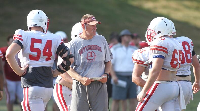 Wittenberg coach Joe Fincham talks to players during practice on Wednesday, Aug. 21, 2019, in Springfield. David Jablonski/Staff