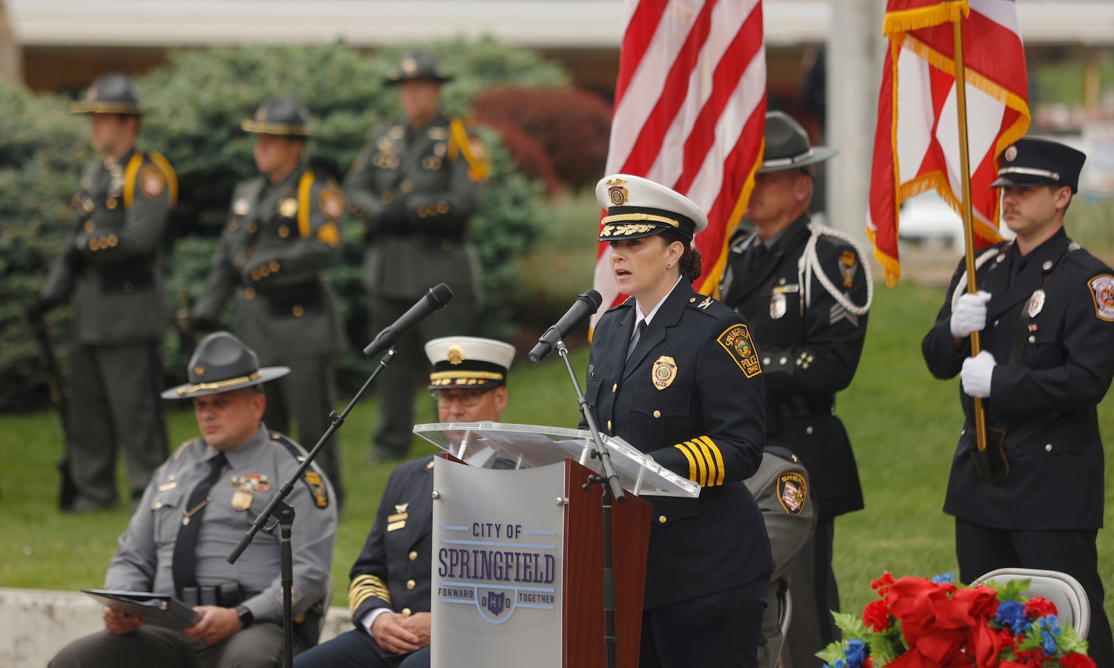 Springfield Police chief Allison Elliott speaks during the Public Safety Forces Day on Friday, May 2, 2025, near the Clark County Public Safety Memorial. JOSEPH COOKE/STAFF