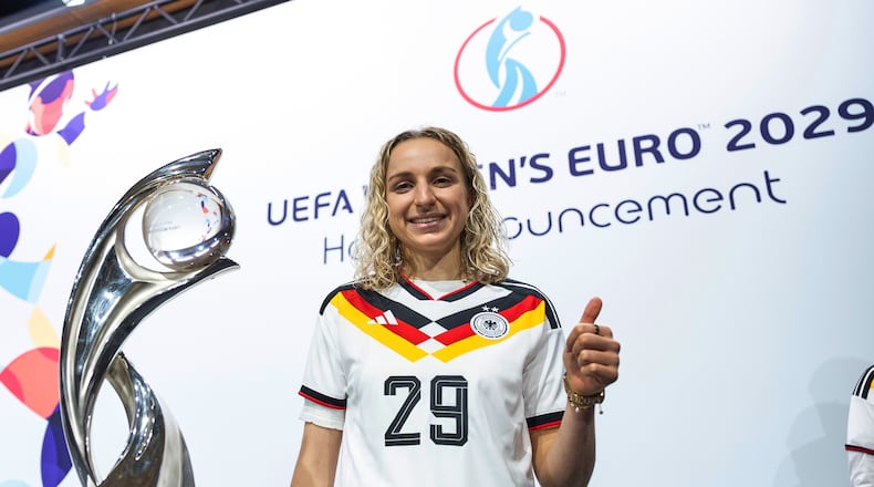German soccer player Vanessa Diehm poses after Germany was selected to host the 2029 Women's European Championship soccer tournament during a ceremony at UEFA Headquarters, Wednesday, Dec 3, 2025 in Nyon, Switzerland. (Cyril Zingaro/Keystone via AP)
