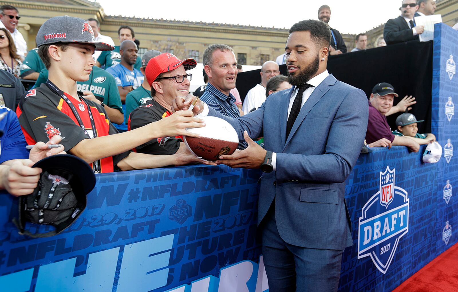 Ohio State's Marshon Lattimore arrives for the first round of the 2017 NFL football draft, Thursday, April 27, 2017, in Philadelphia. (AP Photo/Julio Cortez)