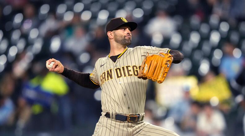 San Diego Padres starting pitcher Nick Martinez delivers during the first inning of the team's baseball game against the Chicago White Sox on Friday, Sept. 29, 2023, in Chicago. (AP Photo/Charles Rex Arbogast)