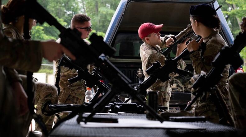 Members of the 181st Security Forces Squadron attend an M4A1 carbine weapons safety training course at the Warfighter Training Center on Wright-Patterson Air Force Base on June 13, 2025. (U.S. Air National Guard photo by Senior Airman Amber Anderson)