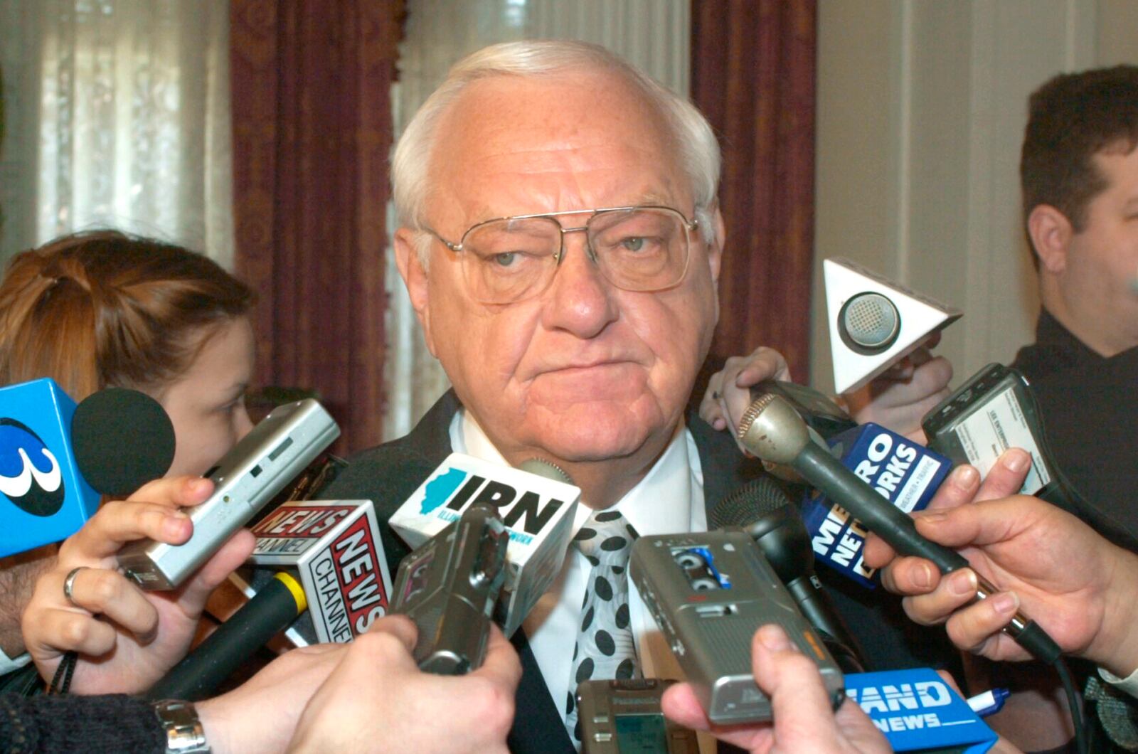 FILE - Gov. George Ryan speaks to the media following his address to an education summit held at the Executive Mansion in Springfield, Ill., Monday, Jan. 28, 2002. (AP Photo/Randy Squires, File)
