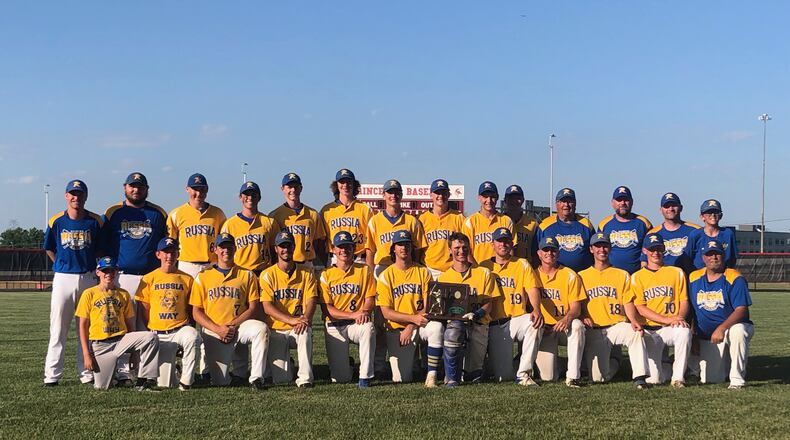 The Russia High School baseball team celebrates a Division IV regional championship on Friday, June 3, 2022. Photo courtesy of Russia High