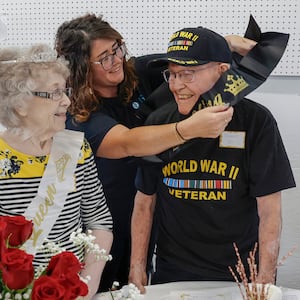 Francis and Clarence Soward, receives applause after being announced as the queen and king at the United Senior Services Golden Wedding Party on Tuesday, July 22, 2025, at the Clark County Fairgrounds. They've been married since August 20, 1945. JOSEPH COOKE/STAFF