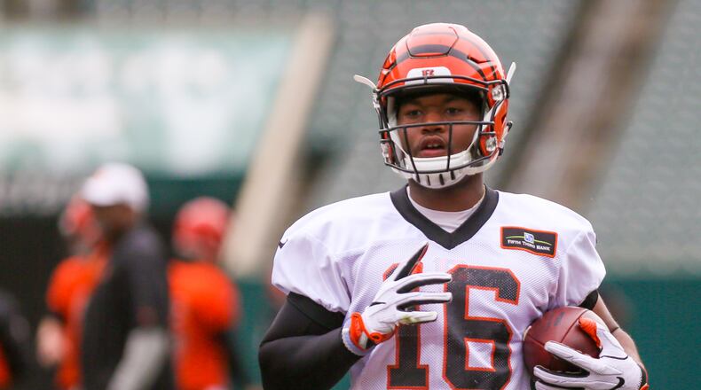 Bengals wide receiver Cody Core (16) participates in a team practice at Paul Brown Stadium, Tuesday, June 13, 2017. GREG LYNCH / STAFF