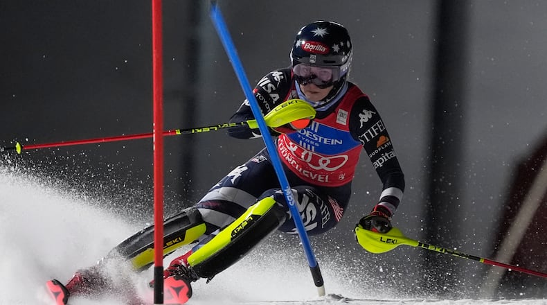 United States' Mikaela Shiffrin competes in an alpine ski, women's World Cup slalom, in Courchevel, France, Tuesday, Dec. 16, 2025. (AP Photo/Giovanni Auletta)