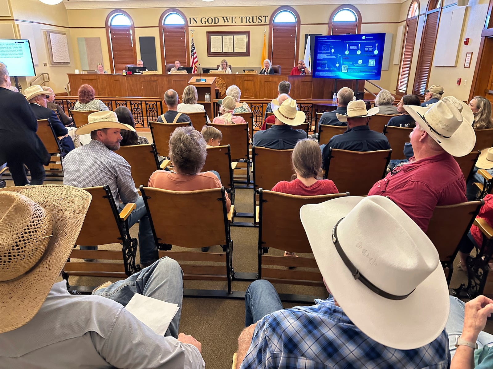Tensions run high over management of federal public lands and wildlife at a Luna County Commission meeting in Deming, N.M., on June 12, 2025. (AP Photo/Morgan Lee)