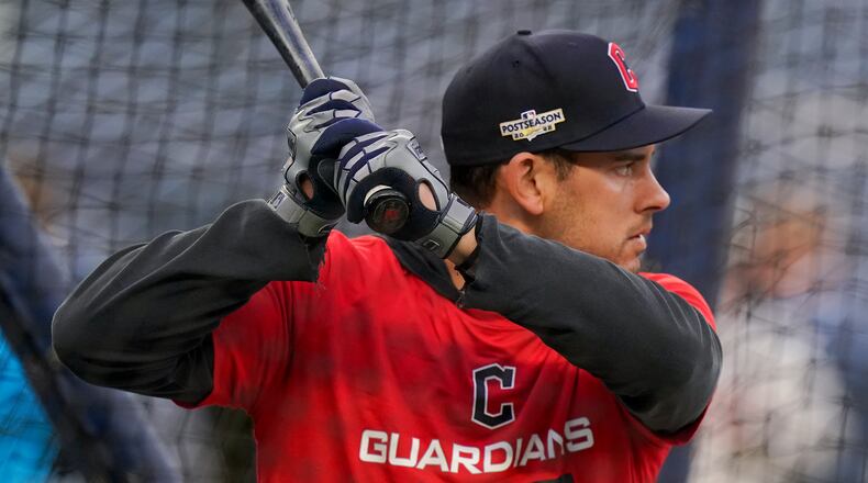 Cleveland Guardians catcher Luke Maile takes batting practice before Game 5 of an American League Division baseball series against the New York Yankees, Monday, Oct. 17, 2022, in New York. (AP Photo/Frank Franklin II)