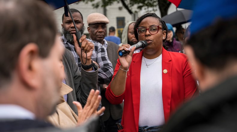 FILE - Rep. LaMonica McIver, D-N.J., demands the release of Newark Mayor Ras Baraka after his arrest while protesting outside of Delaney Hall ICE detention facility, May 9, 2025, in Newark, N.J. (AP Photo/Angelina Katsanis, File)