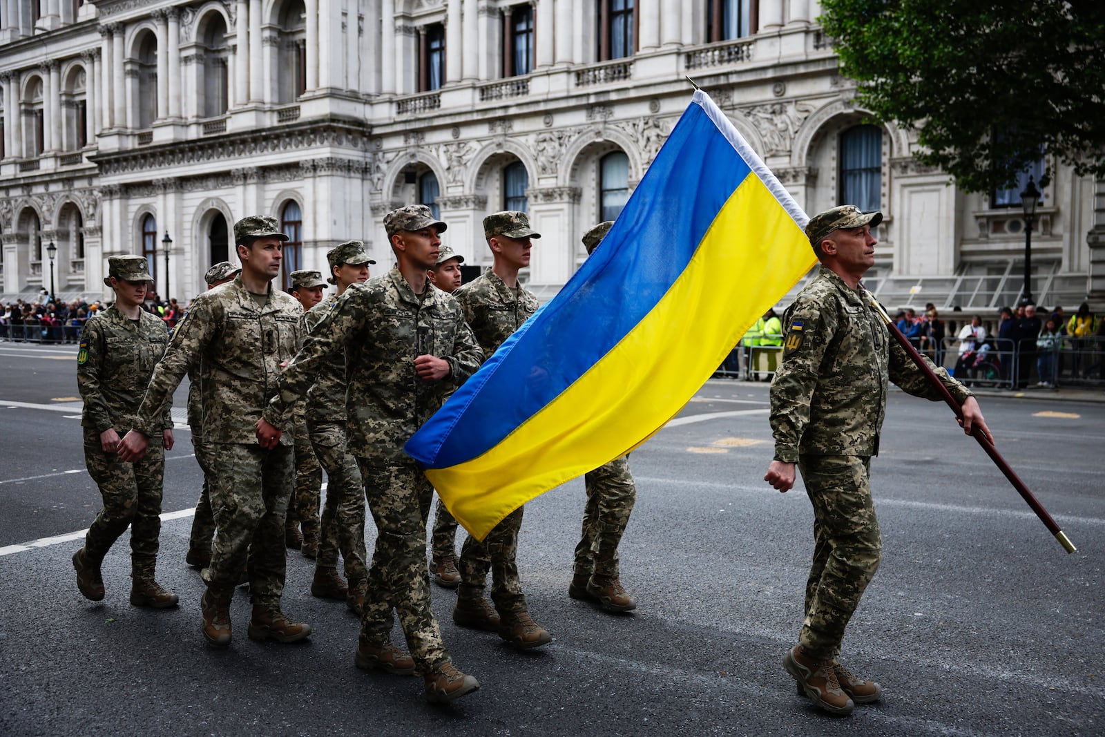 Ukrainian soldiers march past the Cenotaph, in Whitehall, during the VE Day 80th anniversary parade, in London, Monday, May 5, 2025. (Benjamin Cremel/Pool Photo via AP)