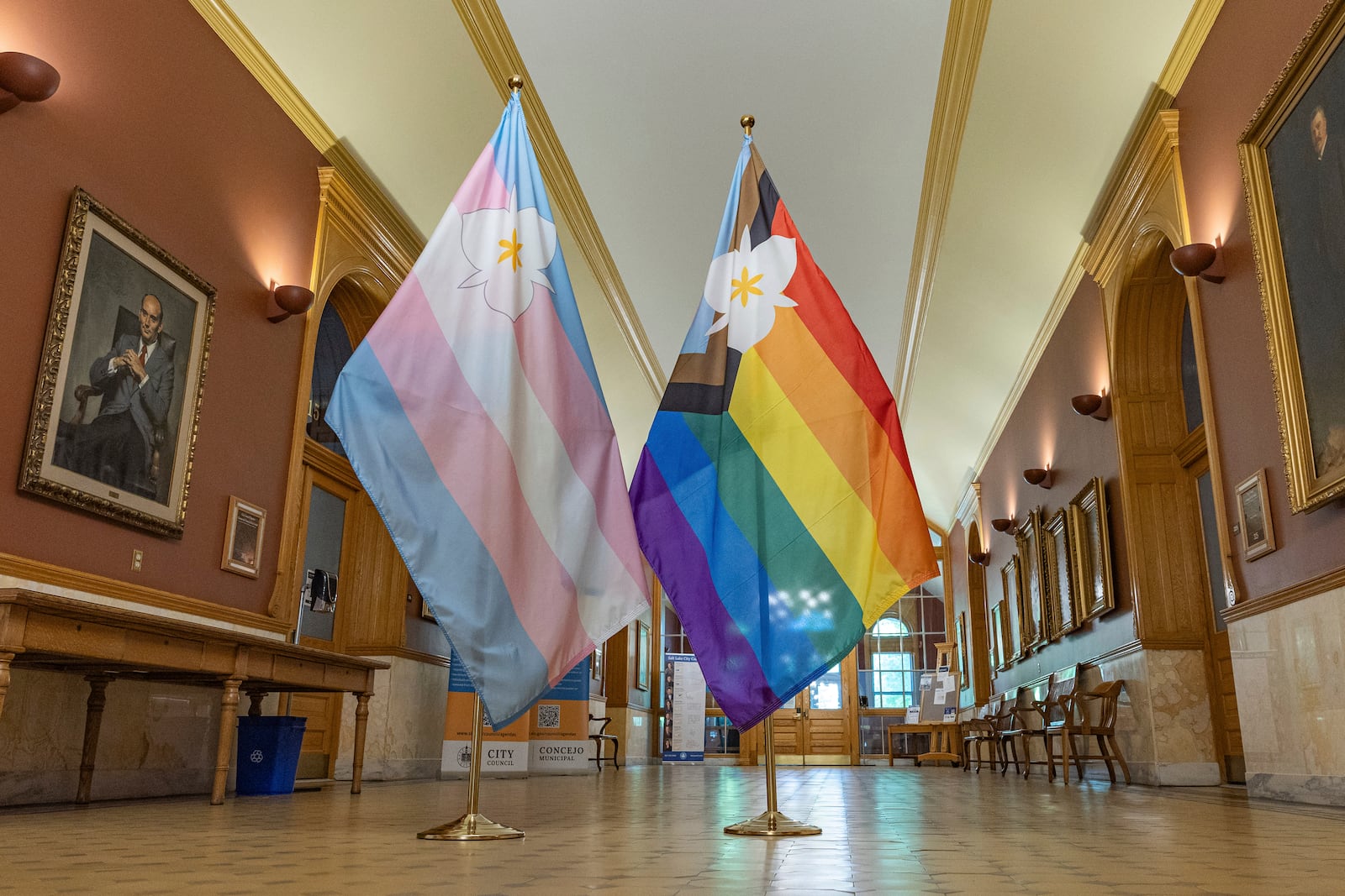The newly adopted city flags are displayed at the Salt Lake City and County building showing support for LGBTQ+ in defiance of their state's Republican controlled Legislature, Wednesday, May 7, 2025, in Salt Lake City. (AP Photo/Melissa Majchrzak)