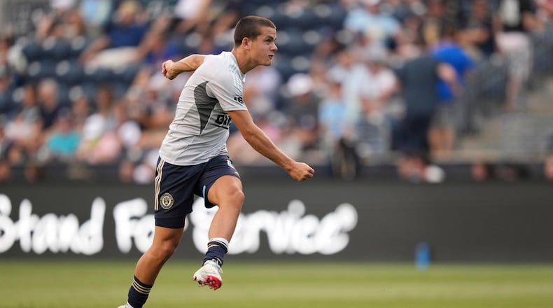 FILE - Philadelphia Union's Cavan Sullivan warms up before an MLS soccer match against CF Montréal, Wednesday, July 16, 2025, in Chester, Pa. (AP Photo/Matt Slocum, File)