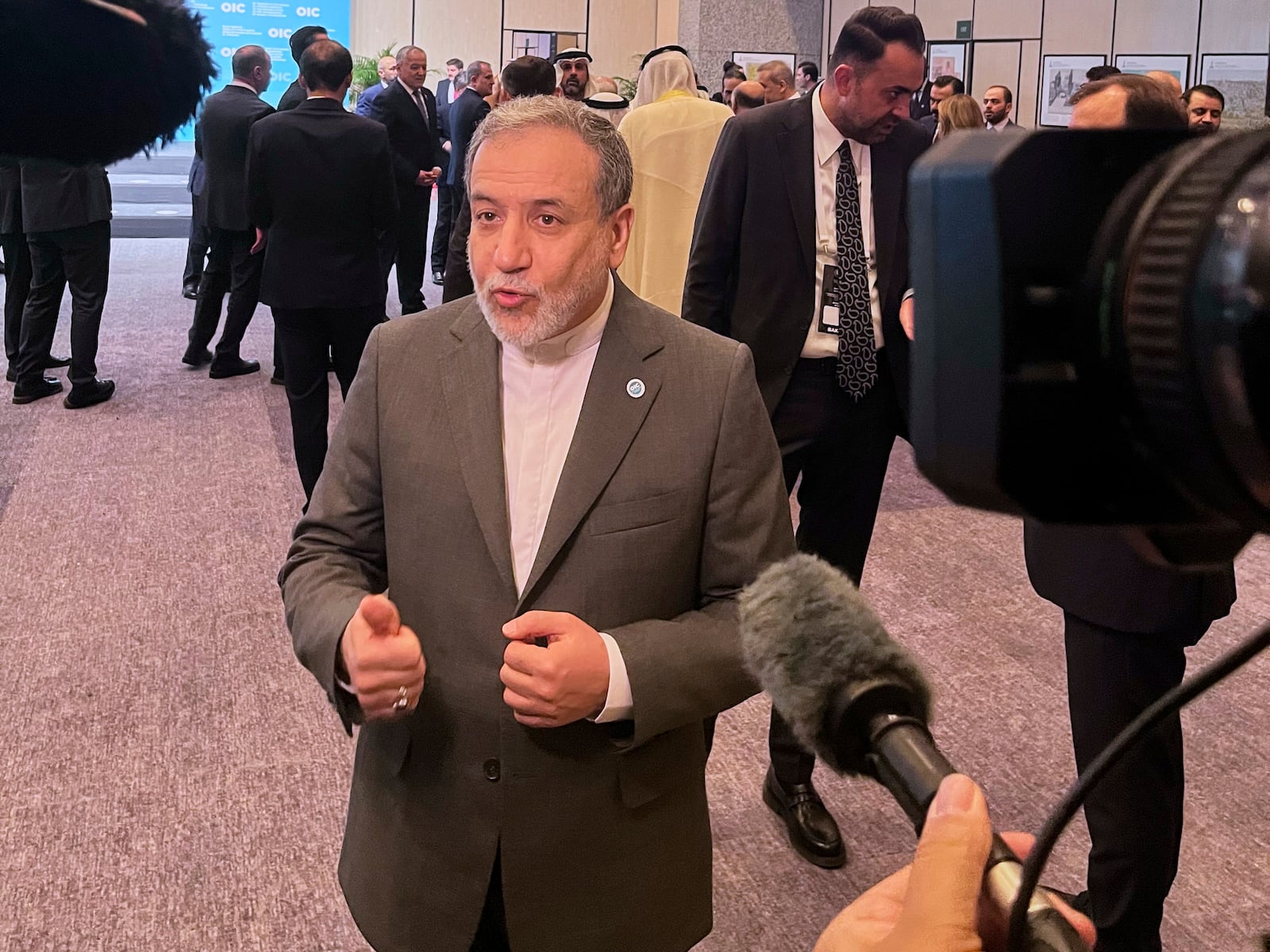 Iranian Foreign Minister Abbas Araghchi speaks to the media as he arrives to the Council of Foreign Ministers of the Organisation of Islamic Cooperation meeting, in Istanbul, Turkey, Saturday, June 21, 2025. (AP Photo/Mehmet Guzel)